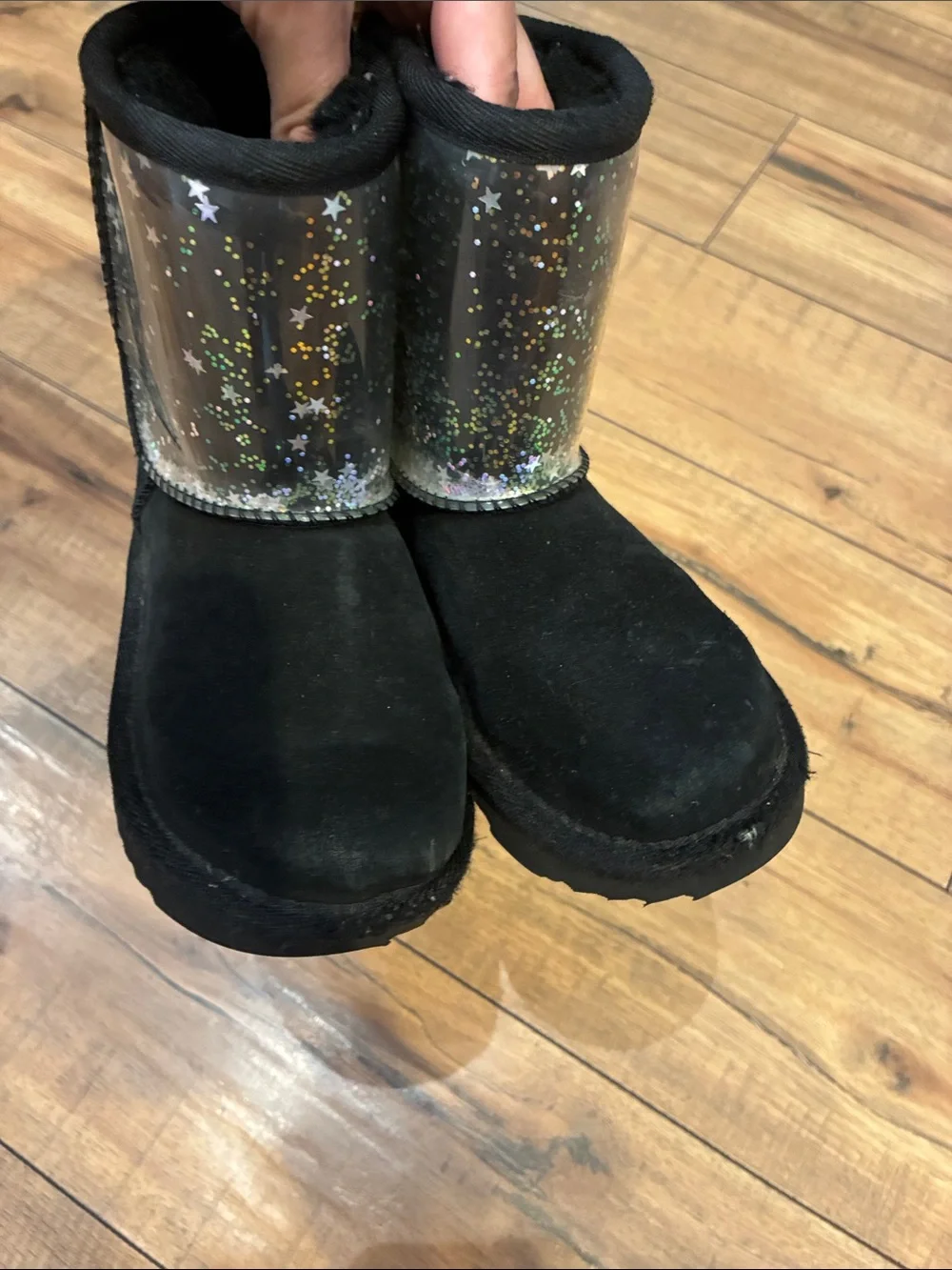 UGG Black Glitter Stars Suede Short Boots with Star-Print Panel
